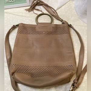 Anthropologie Perforated Ring Handle Crossbody Purse Tassel Embellishment